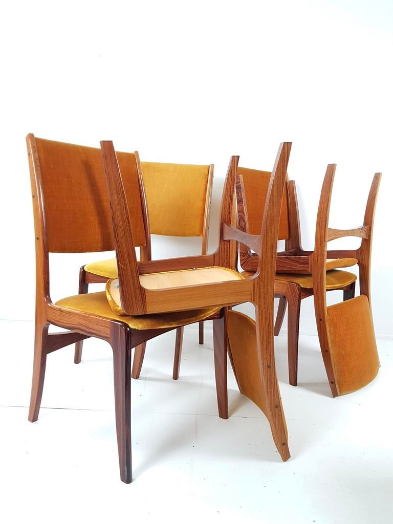 Vintage Deense stoelen okergeel velours geel dining chairs, Gebruikt, Overige kleuren, -, -