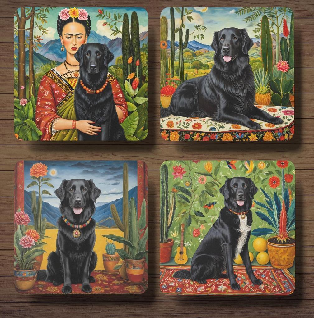 Flatcoated Retriever Frida Kahlo onderzetters met houder, Ophalen of Verzenden, Nieuw, Glas of Kopje