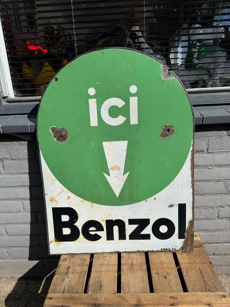 Benzol olie oud emaille reclamebord, Antiek en Kunst, Ophalen