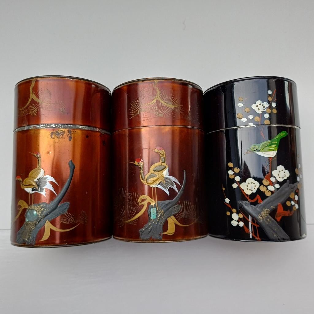 3 Theedoosjes, Japan, antiek, gaaf, handbeschilderd, vogels, Ophalen of Verzenden