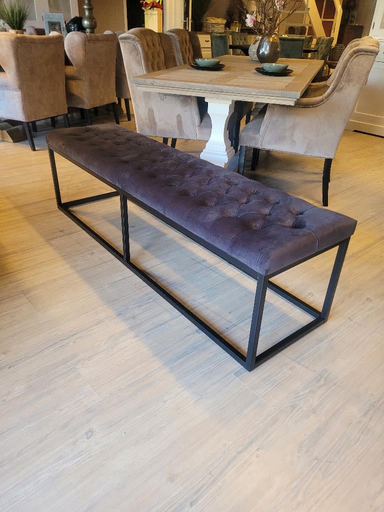 *OPRUIMING* Eetkamerbank Timmy 180 cm Grijs €329 NU €295 (7), Overige kleuren, Eetkamerbank hocker knoopjes capiton stof velvet antraciet