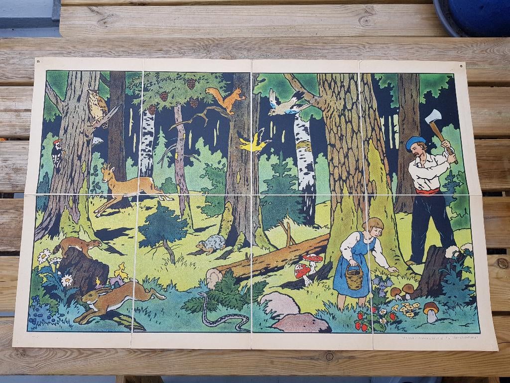 In het bos oude schoolplaat uit Frankrijk litho op canvas.