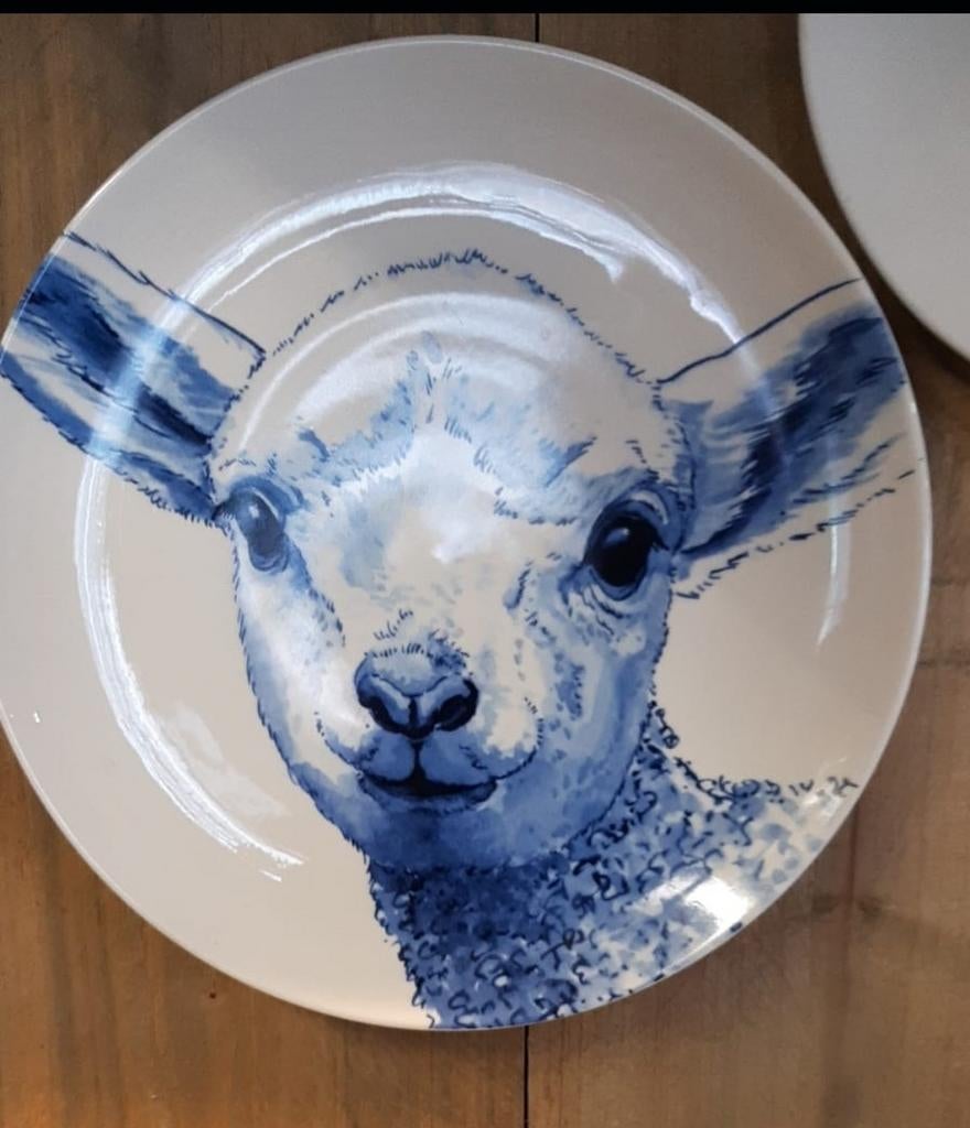 Heinen Delfts blauw bord met lammetje, Ophalen of Verzenden