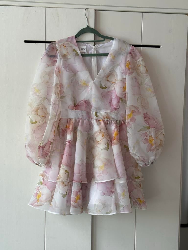 Luchtige chiffon jurk met bloemenprint en pofmouwen, Wit, Ophalen of Verzenden, Zo goed als nieuw, Maat 36 (S)