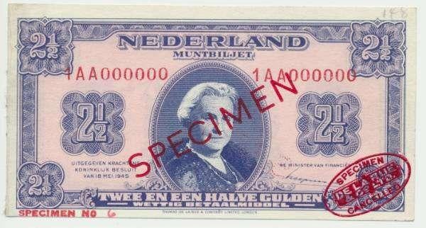 Nederland 2,5 Gulden 1945 Wilhelmina Specimen, Ophalen of Verzenden, 2½ gulden, Los biljet