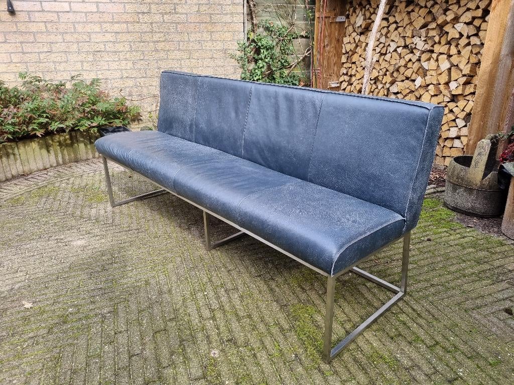 Eetkamerbank pesara 1.96 m lang, cosmos blauw africa leder, Ophalen, Zo goed als nieuw