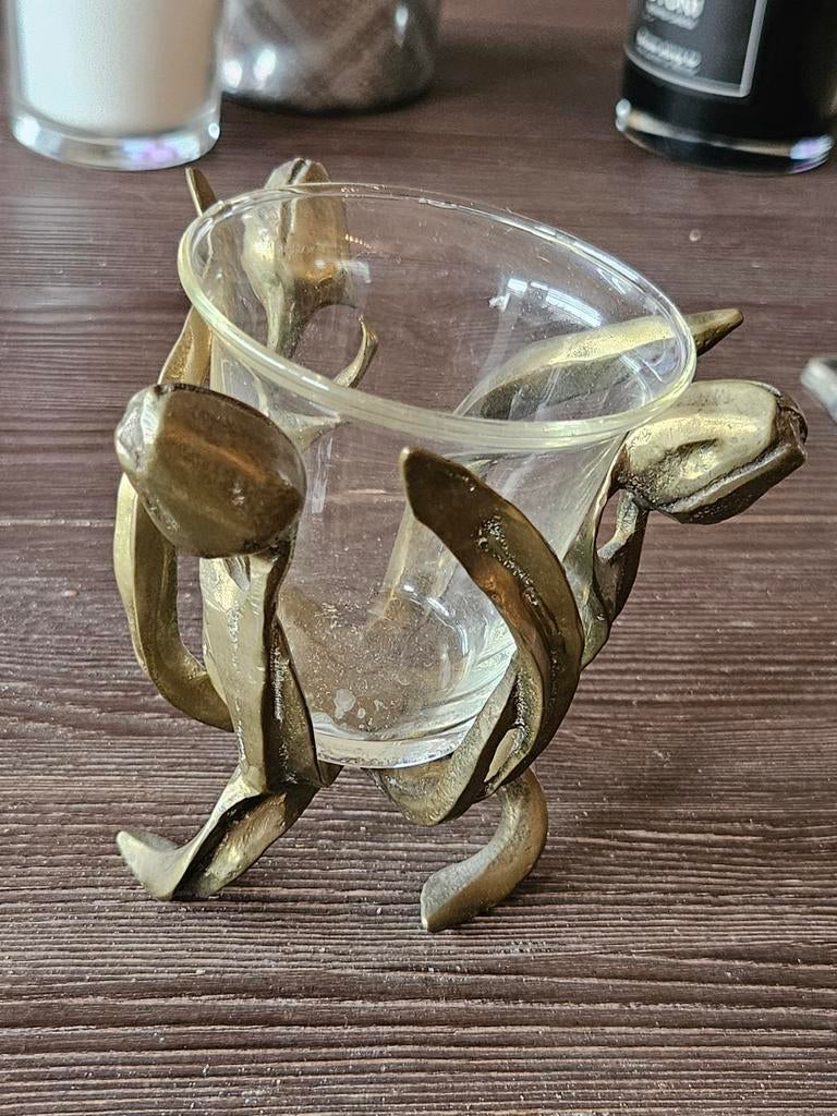 bronzen kandelaar met glazen houder - Tulp design, Gebruikt, Overige kleuren, Brons of Koper, Ophalen of Verzenden