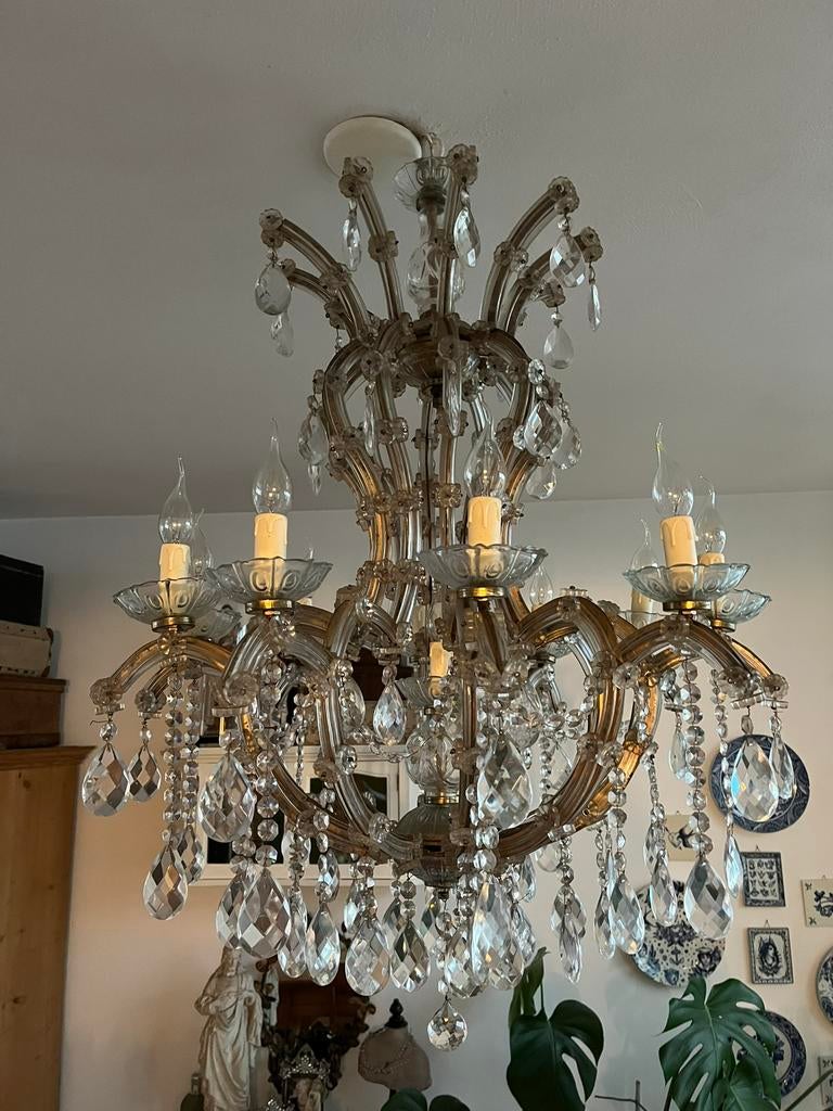 Mega kroonluchter met glazen pegels, Ophalen, Gebruikt, Glas, Marie Therese