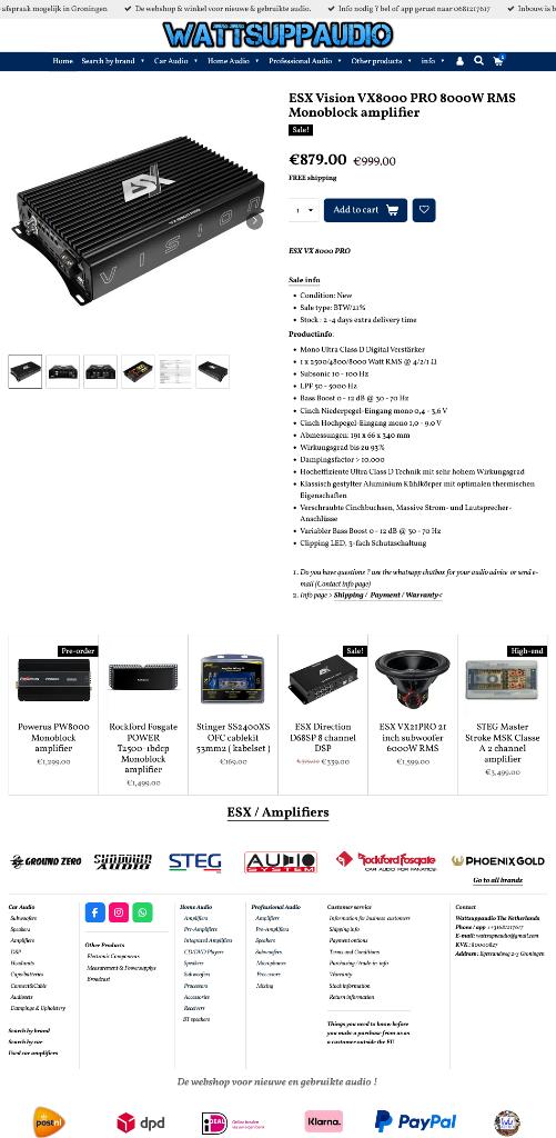 ESX Vision VX8000 PRO 8000W RMS Monoblok versterker, Auto diversen, Autospeakers, Audio-design, Nieuw, Am Breilingsweg 3, 76709 Kronau, Duitsland