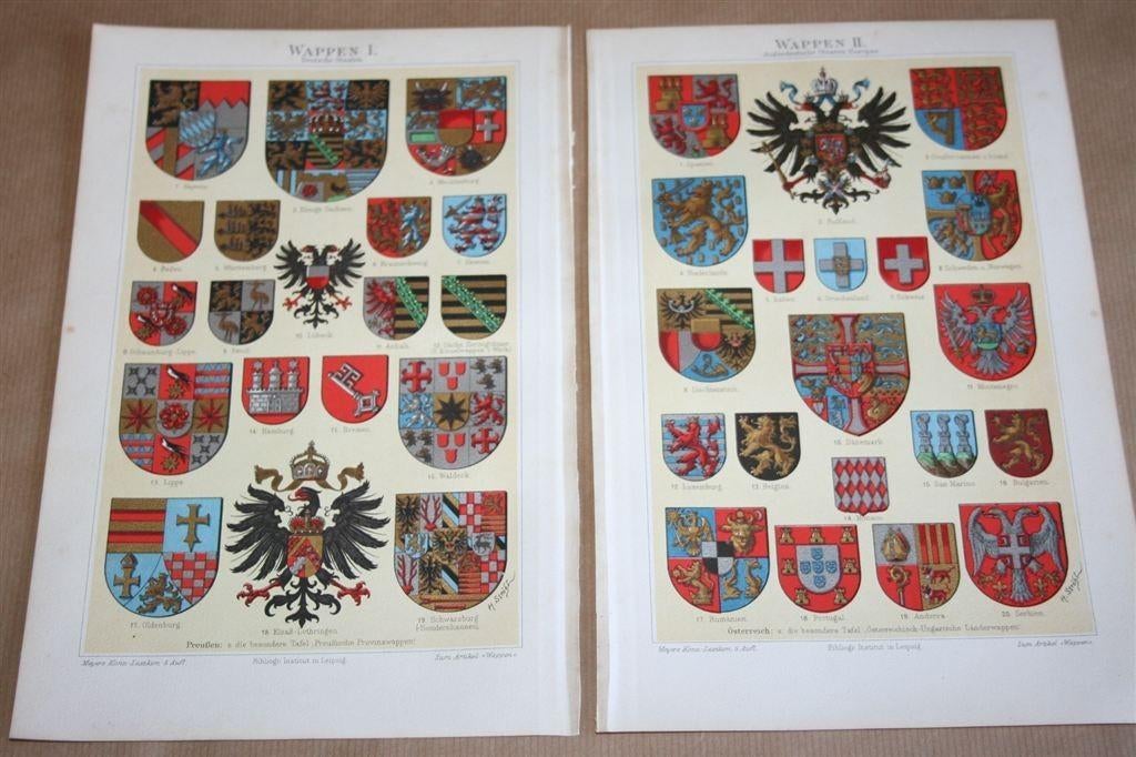 4 antieke kleurenlitho's - Heraldiek [wapens] - Ca 1900, Ophalen of Verzenden