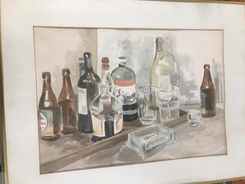 aquarel stilleven bier wijn fles sonnema, Antiek en Kunst, Ophalen of Verzenden