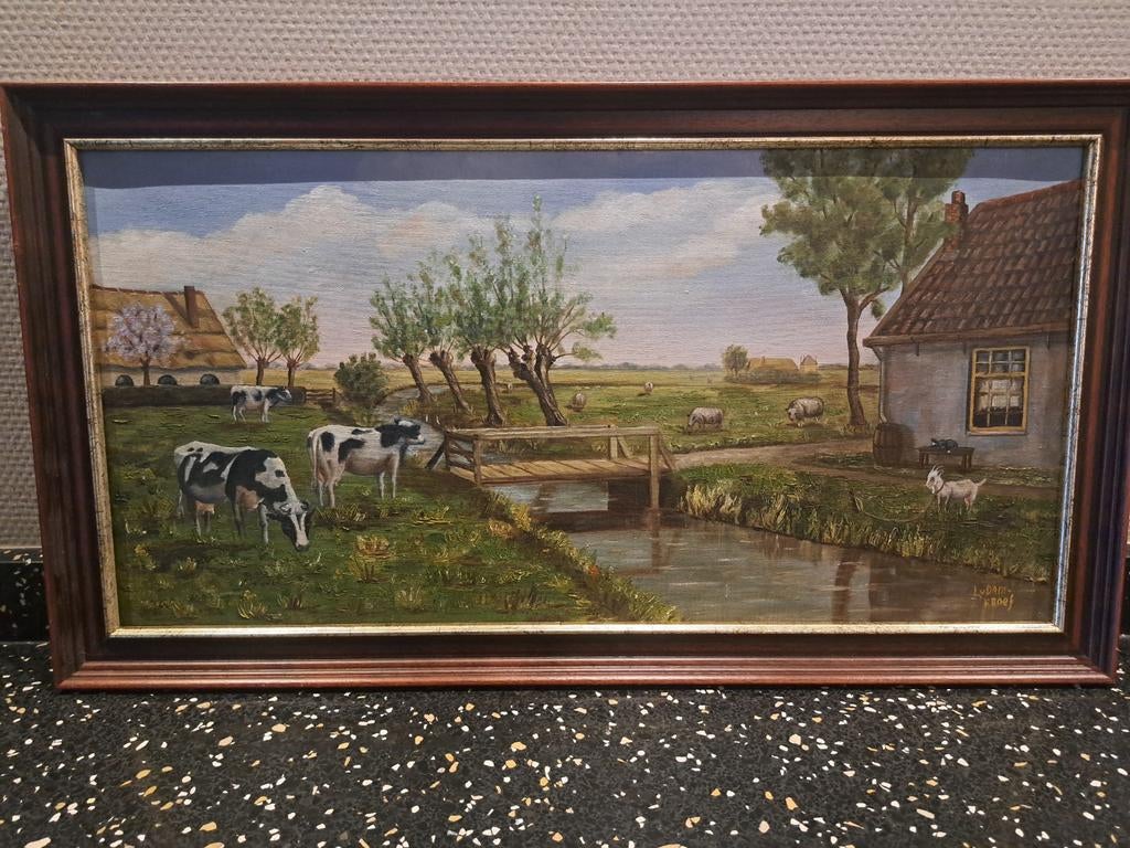 Schilderij: Boerenlandschap, 66x36 cm, Antiek en Kunst, Ophalen of Verzenden