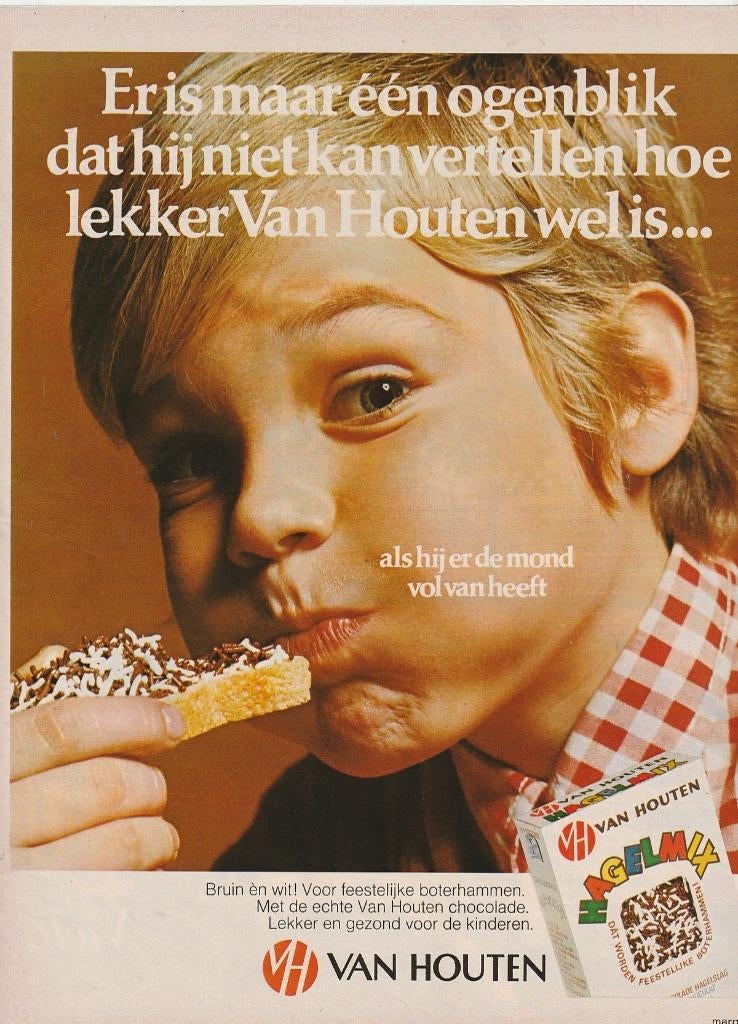 Retro reclame 1972 Van Houten hagelslag jongetje smult, Verzenden, Overige typen