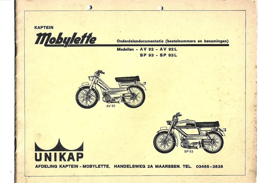 Kaptein Mobylette AV92 AV92 L SP93 SP93 L onderdelenlijst, Ophalen of Verzenden, Zo goed als nieuw
