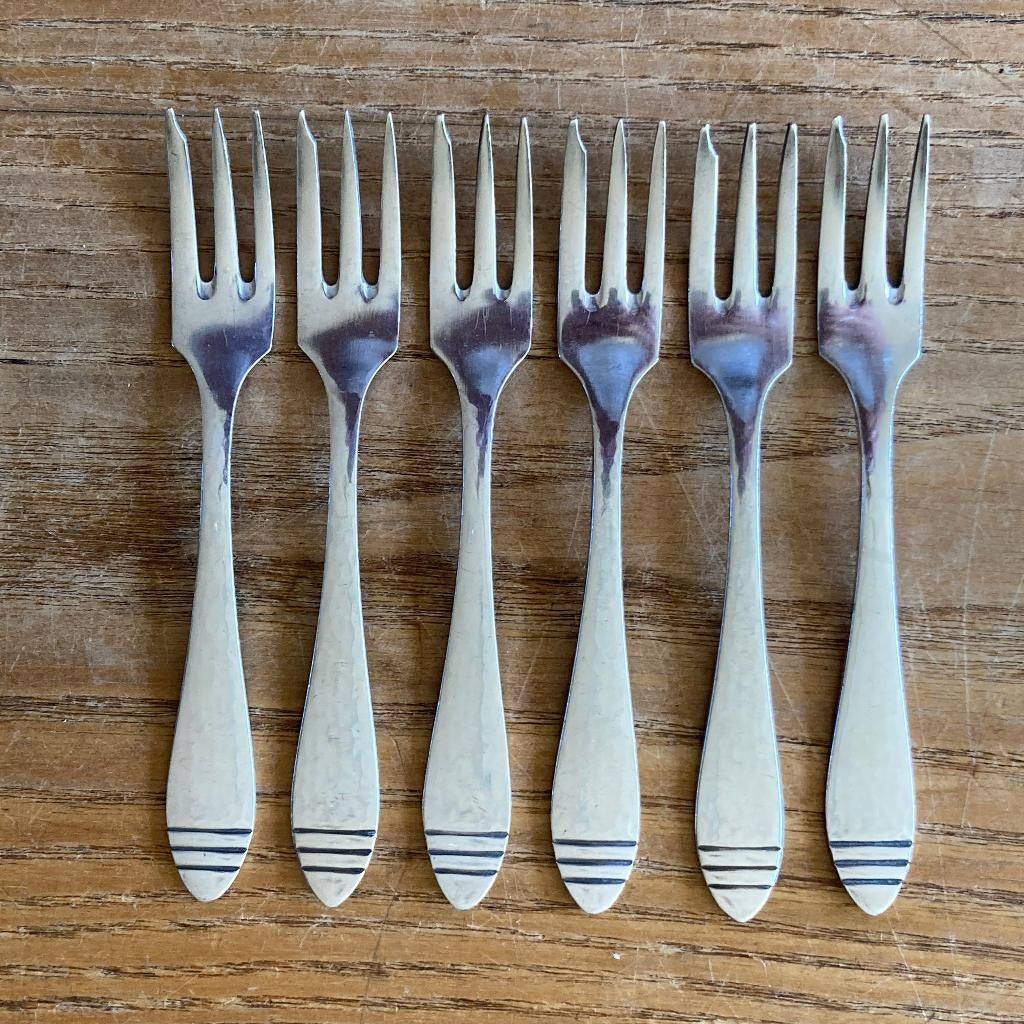 6 Vintage verzilverde hamerslag gebaksvorkjes taartvorkjes, Ophalen of Verzenden