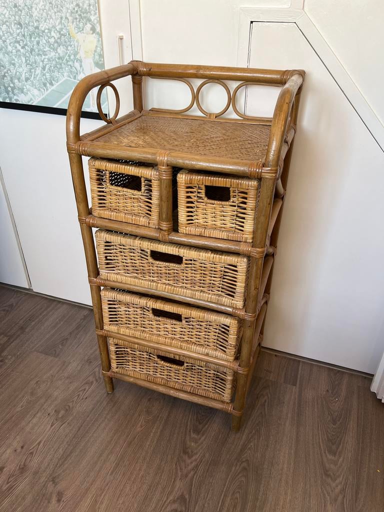 Antieke rotan ladekast met 5 lades, Ophalen, Overige materialen, Minder dan 50 cm, Gebruikt