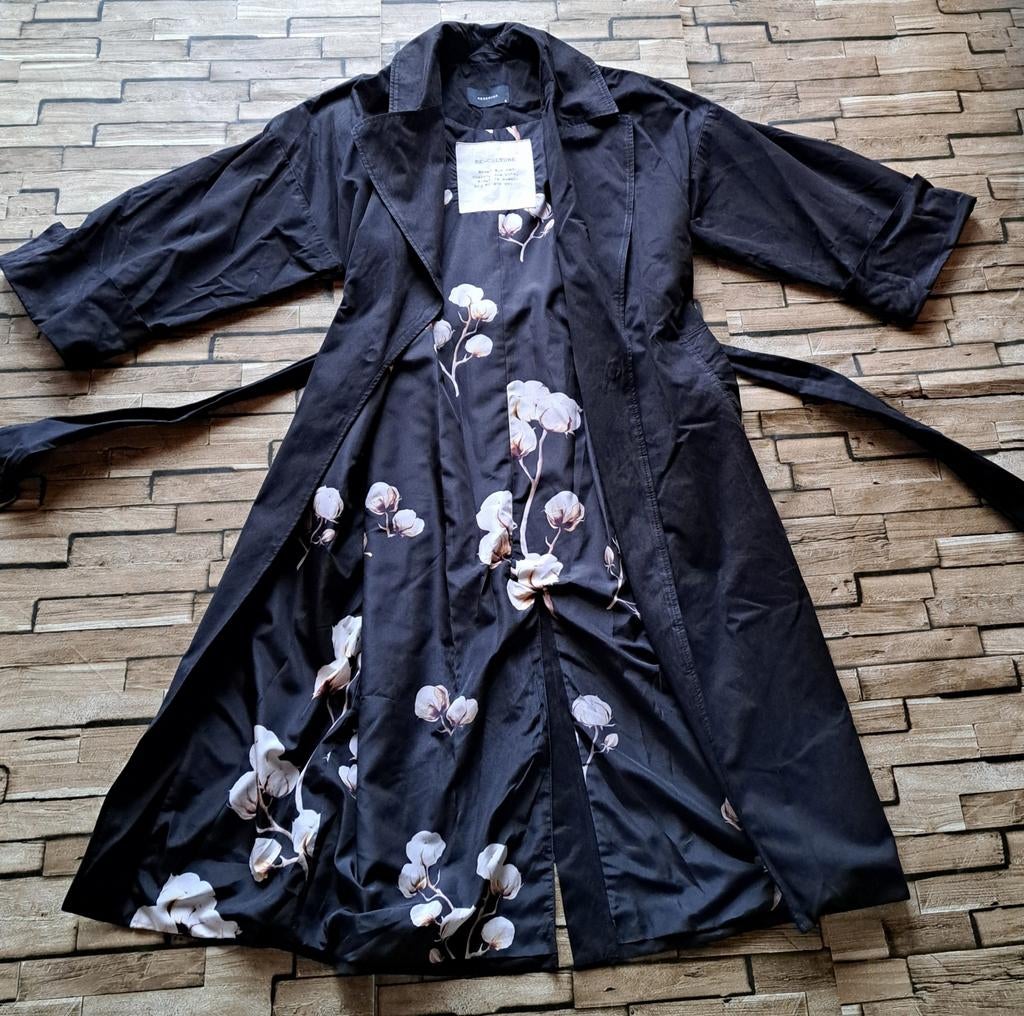 Reserved- zwarte trenchcoat, S, Verzenden, Zwart, Maat 46/48 (XL) of groter, Zo goed als nieuw