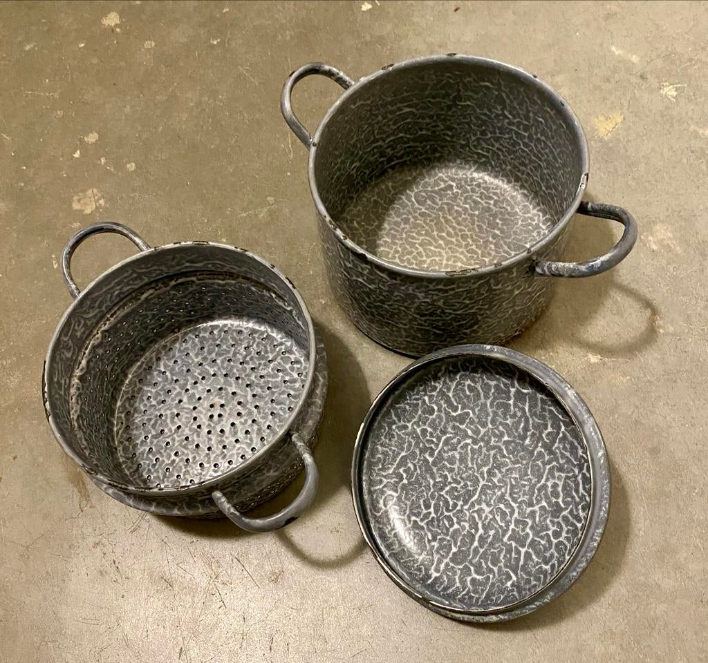 Vintage geëmailleerde stoompan met vergiet en deksel, Ophalen of Verzenden