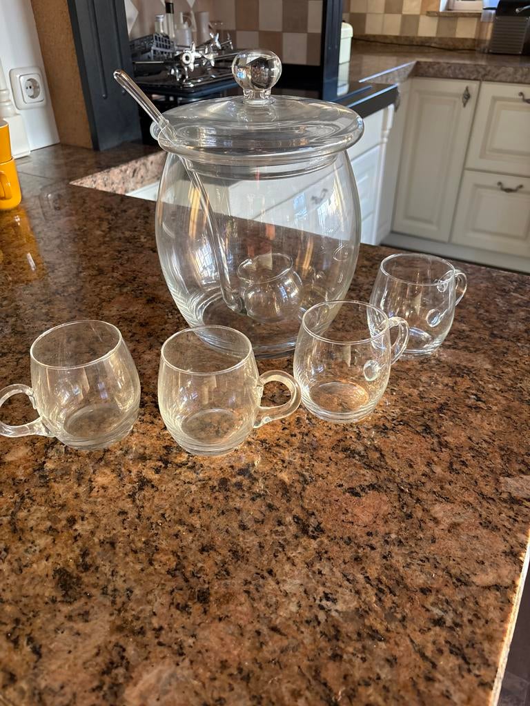 Glazen bowlset met 4 kopjes en lepel, Huis en Inrichting, Ophalen, Zo goed als nieuw, Glas, Overige typen