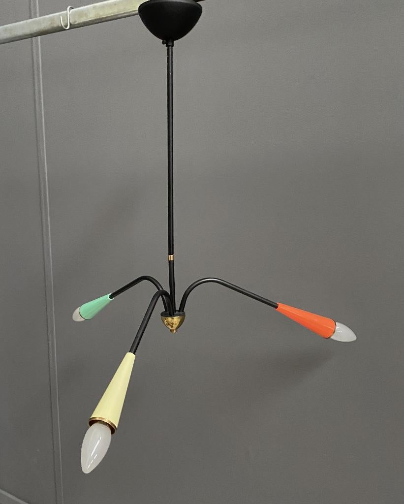 50 jaren Zwarte spriet hang lamp geel groen oranje kelken, Ophalen, Gebruikt, 50 tot 75 cm, Vintage