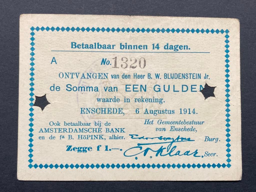 1 gulden 1914 Noodgeld Enschede PL395.2, Ophalen of Verzenden, 1 gulden, Los biljet