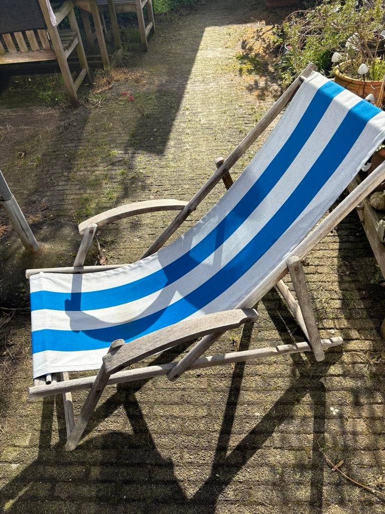 Houten strandstoel jaren 70 ligstoel inklapbaar verstelbaar, Ophalen, Gebruikt, Wicker, Inklapbaar