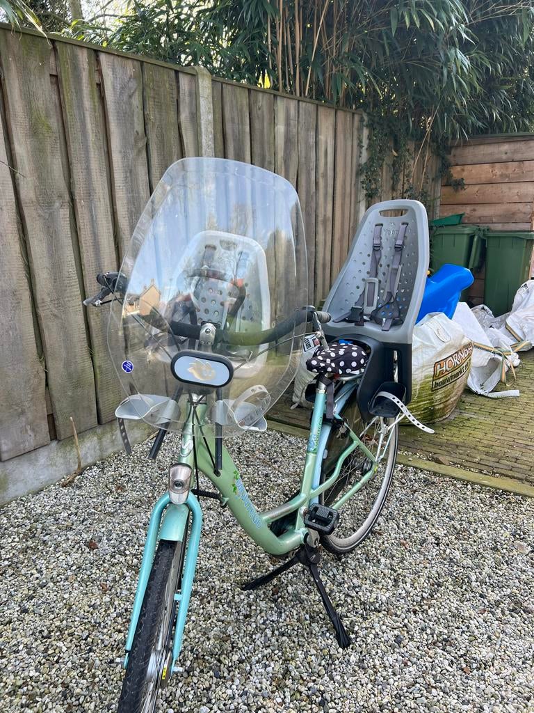 Fiets montego met Yepp fietsstoeltje voor en achter, Ophalen, Achterzitje, 9 t/m 18 kg, Gebruikt