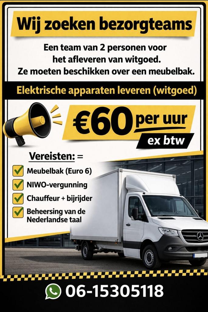 Uurtarief € 61,50 per uur ex btw minimaal 160 uur per maand, Koeriersdiensten