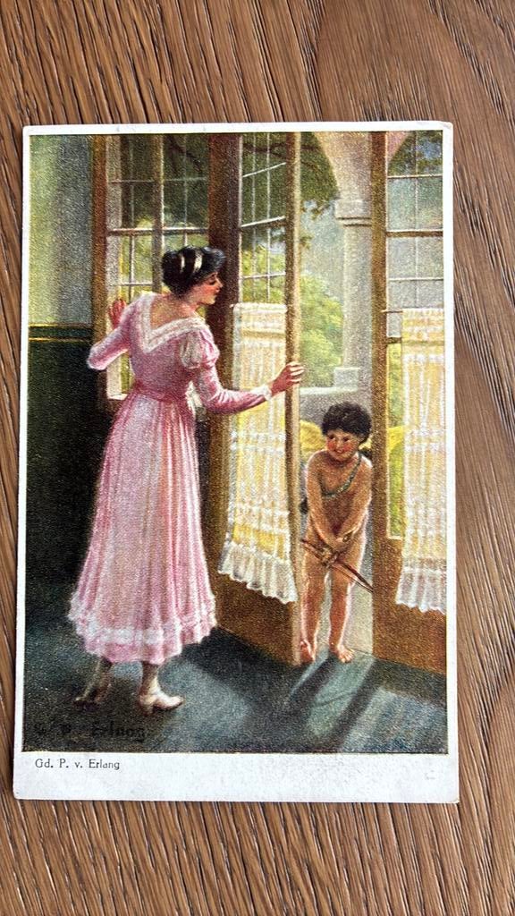 Romantisch. Cupido in de deuropening. 1920, Ophalen of Verzenden, Voor 1920, Overige thema's