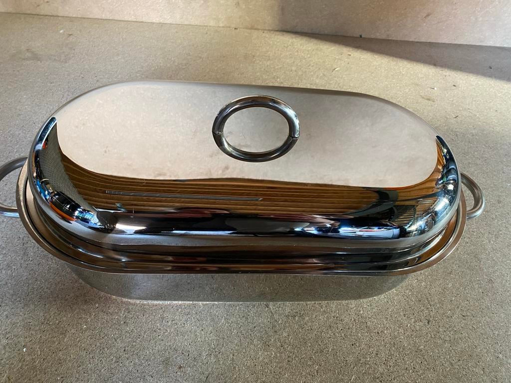 Roestvrijstalen braadslede met deksel schulte-ufer ca7 liter, Ophalen of Verzenden, Gebruikt, Rvs, Koekenpan of Braadpan