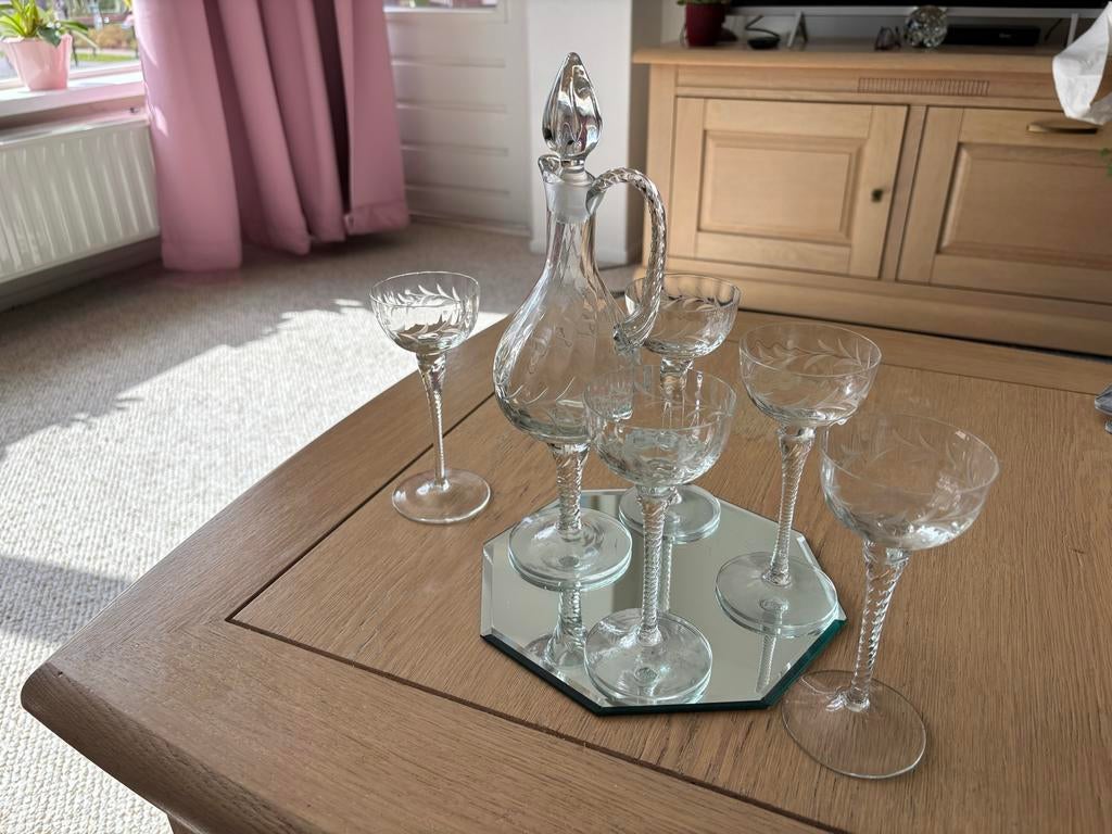 Vintage Kristallen Karaf met 5 Glazen en Spiegel Dienblad, Ophalen of Verzenden