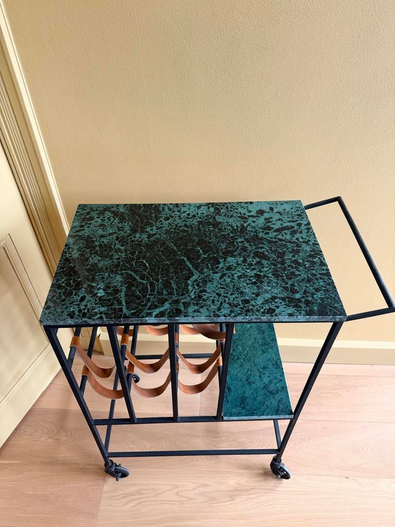 Vintage Wijnrek op Wielen met Marmeren Blad, Ophalen, Gebruikt, 5 tot 15 flessen, Metaal