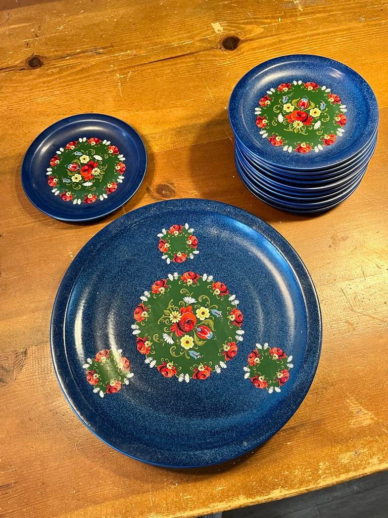 Vintage blauw gebaks servies met bloemmotief, Ophalen of Verzenden