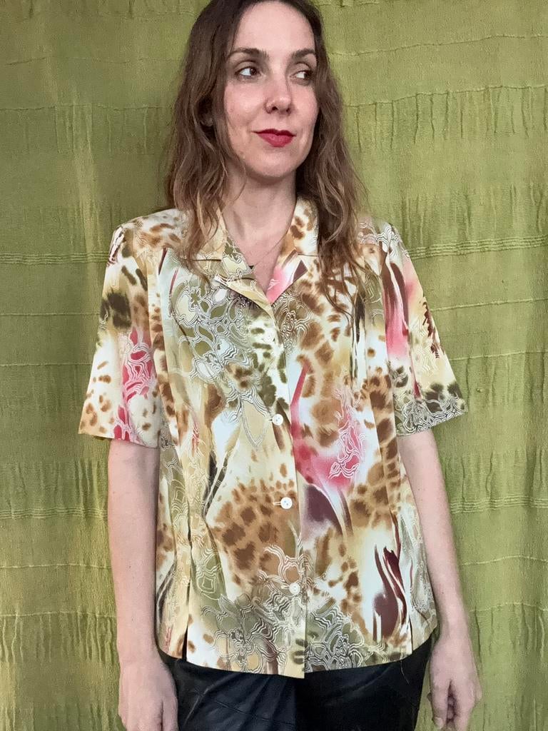 Vintage blouse - 90s - print - jungle - L / 40 / Large, Maat 38/40 (M), Hgv, Hgv, Ophalen of Verzenden