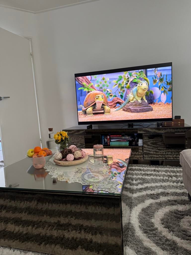 Tv-meubel en salontafel met spiegel en glazen beschermplaat, Ophalen, Gebruikt, Rechthoekig, Glas