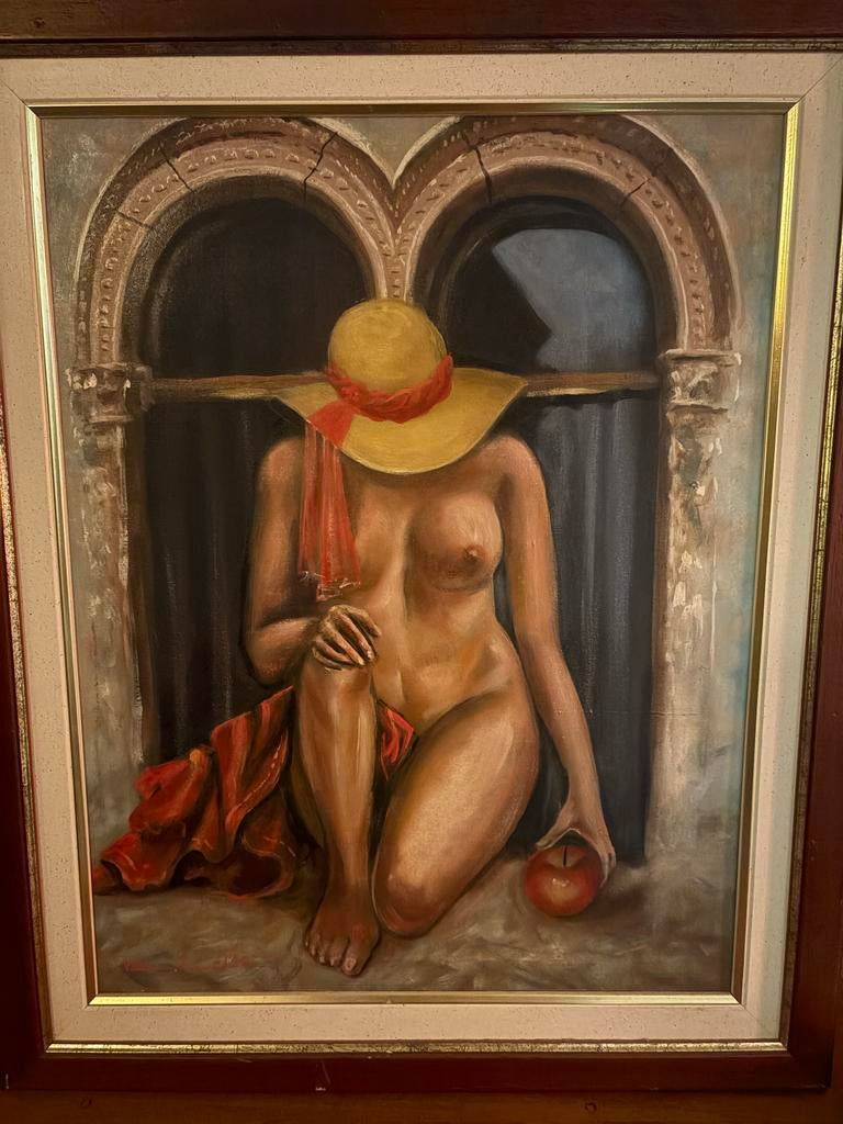 Olieverfschilderij: Naakt met hoed en appel, Antiek en Kunst, Kunst | Schilderijen | Modern, Ophalen of Verzenden
