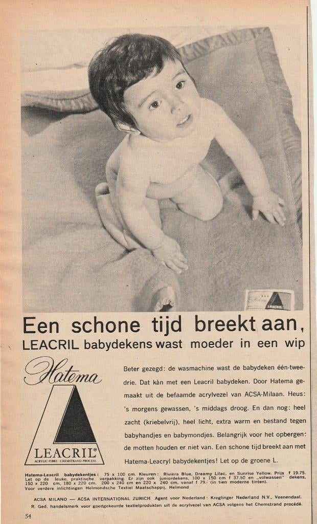 Retro reclame 1963 Leacril Hatema Roermond baby wollen deken, Verzenden, Overige typen