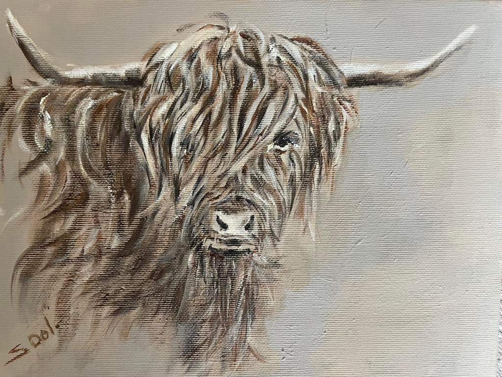 Klein schilderijtje van een Schotse Hooglander, Ophalen of Verzenden