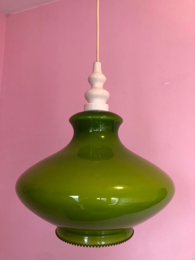 Groene opaline glazen hanglamp, vintage design, Ophalen of Verzenden, Zo goed als nieuw, Glas, Minder dan 50 cm