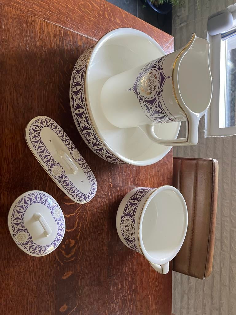 Antiek lampetstel met paars en goudkleurig decor, Antiek en Kunst, Antiek | Keramiek en Aardewerk, Ophalen