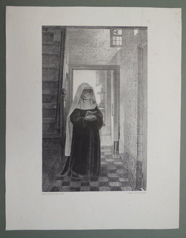Lezende non bij een trap Litho / steendruk Richard Burnier, Verzenden