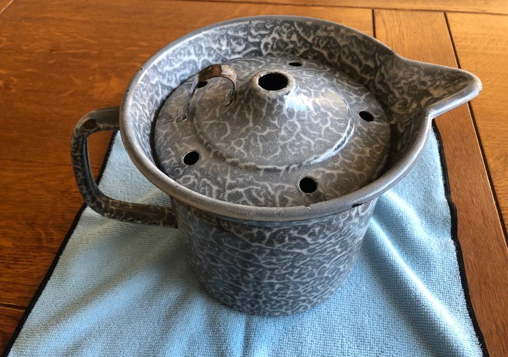 Vintage grijs gewolkte emaille melkkoker, Ophalen of Verzenden