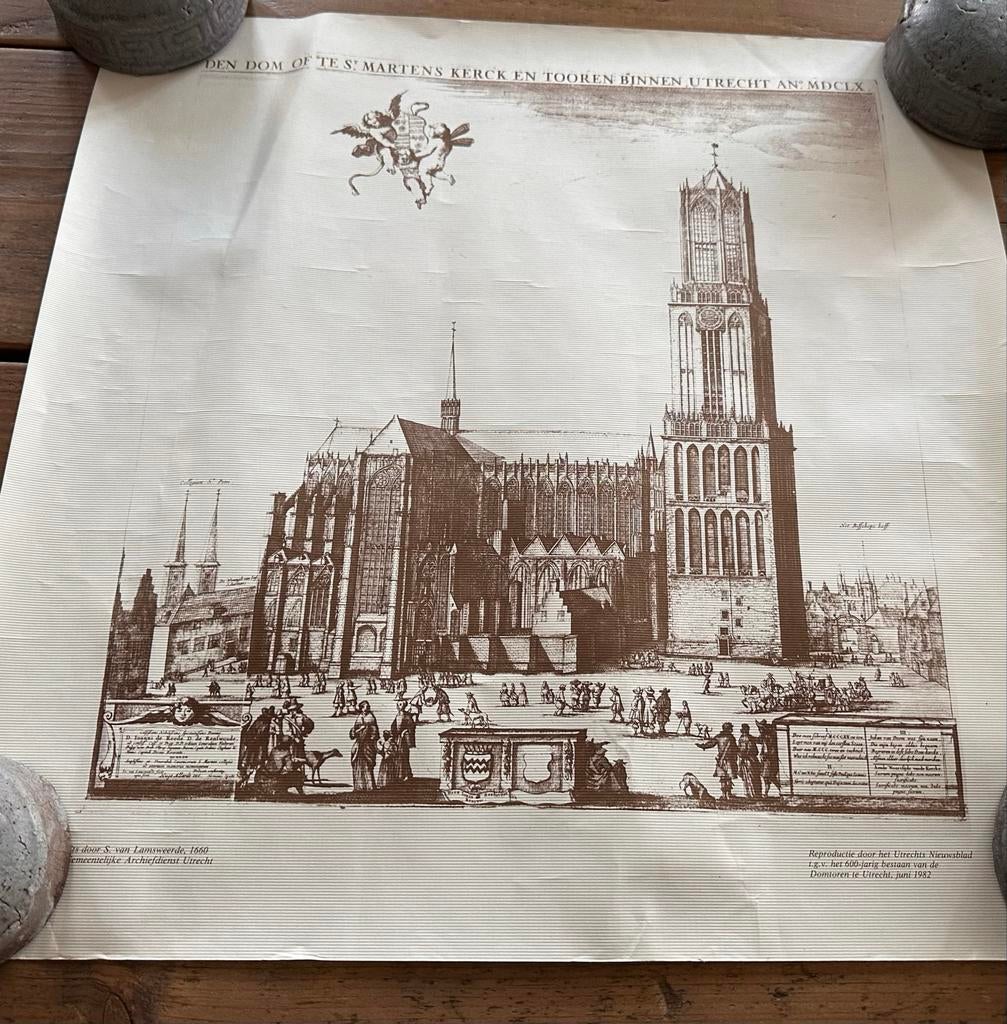 Reproductie gravure Domtoren Utrecht 1982, Ophalen, Gebruikt, Rechthoekig Liggend, A1 t/m A3