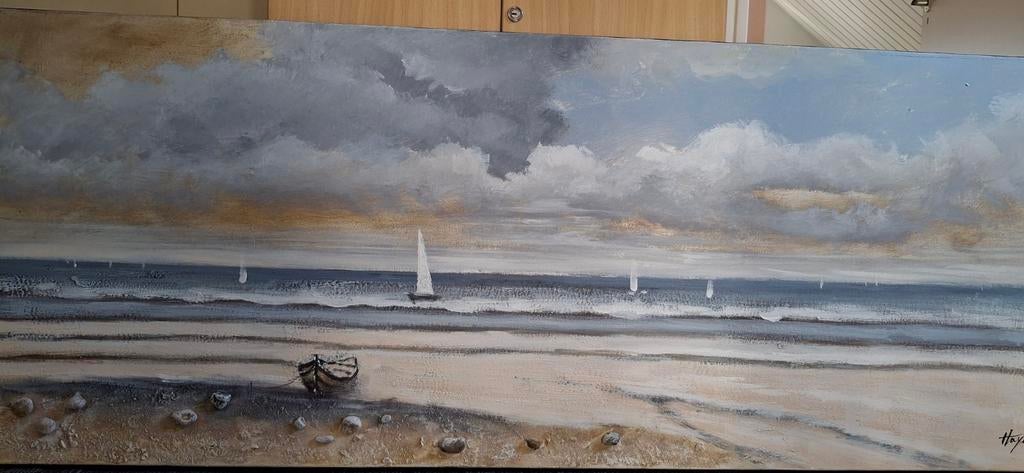 Schilderij Zeegezicht met zeilboten en roeiboot, Ophalen of Verzenden, Minder dan 2 meter