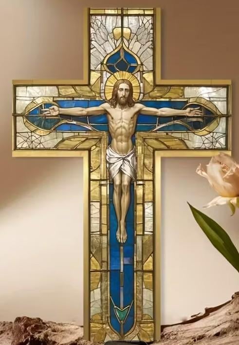 Houten kruis met glas in lood look, Verzenden, Nieuw, Overige typen, Christendom | Katholiek