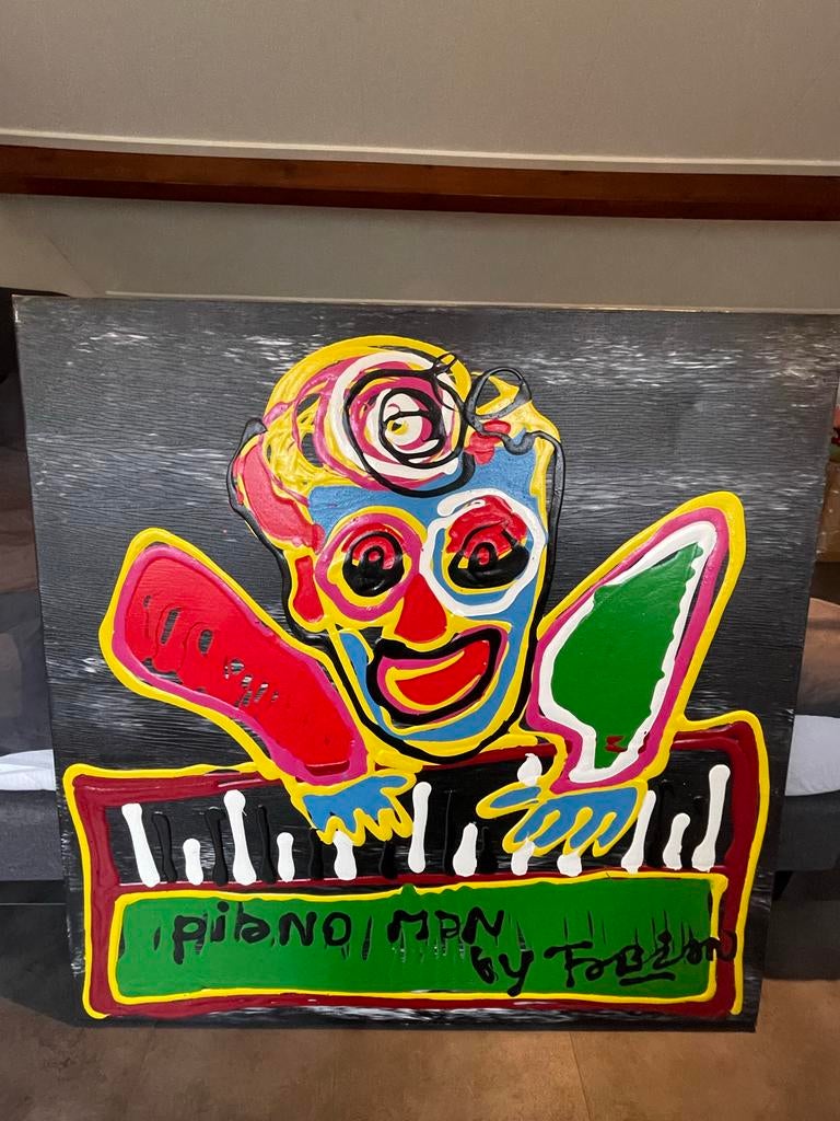 Fabian "Piano Man" kleurrijk schilderij, 100x100 cm, Antiek en Kunst, Ophalen
