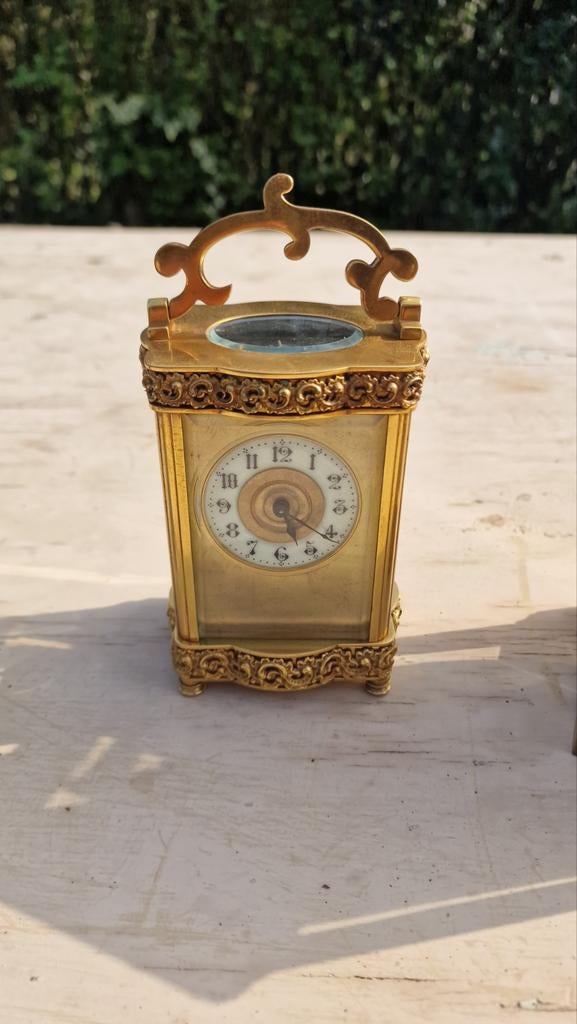 Antiek verguld reisklokje met zichtbaar uurwerk, Antiek en Kunst, Antiek | Klokken, Ophalen