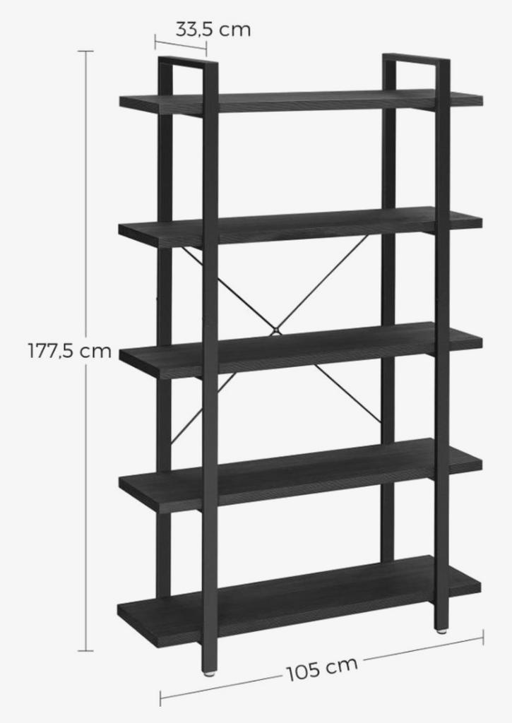 Boekenrek met 5 Planken - Zwart Hout en Metaal, Huis en Inrichting, Kasten | Boekenkasten, Ophalen, Met plank(en), Gebruikt, 100 tot 150 cm