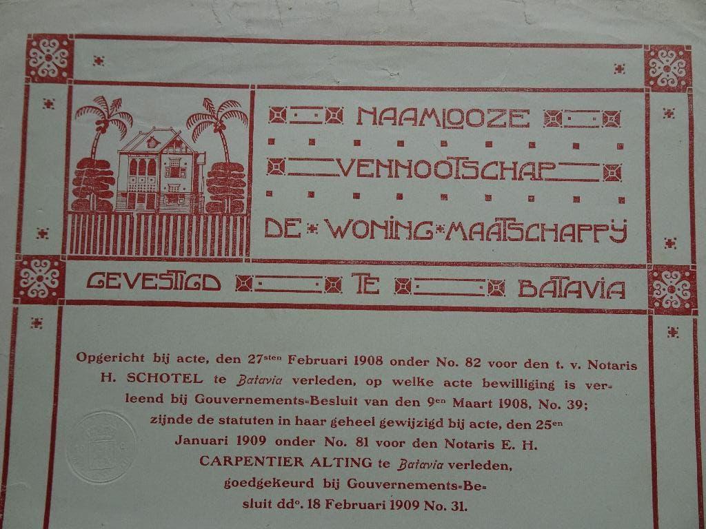Aandeel Vennootschap "De Goede Woning" Batavia 1909, Ophalen of Verzenden, Voor 1920, Aandeel