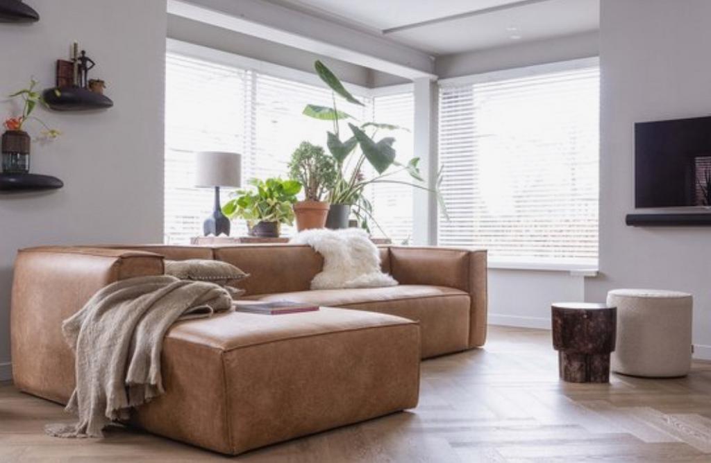 Hoekbank cognac Woood Bean links *wegens verhuizing, Ophalen, 250 tot 300 cm, Gebruikt, 125 tot 150 cm